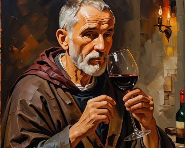 Elderly Man Contemplating Wine in Warm Lighting