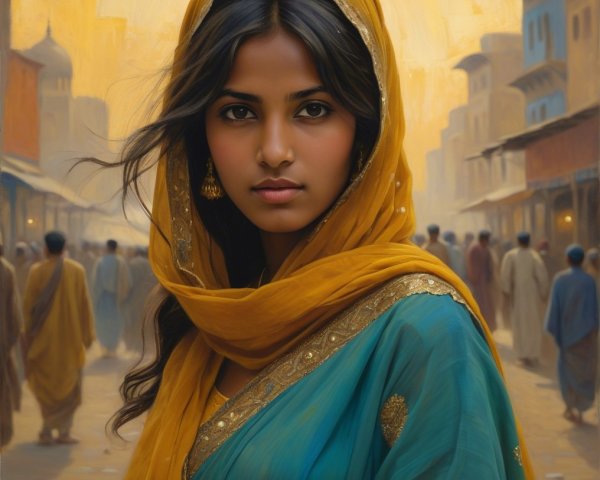 Young Woman in Turquoise Outfit at Marketplace