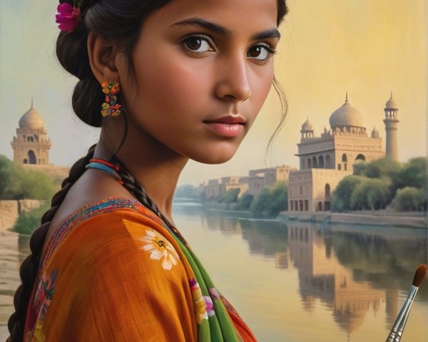 Young girl in floral sari by historic river scene