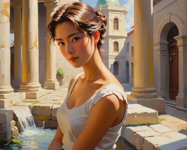 Young Woman in Courtyard with Classical Architecture