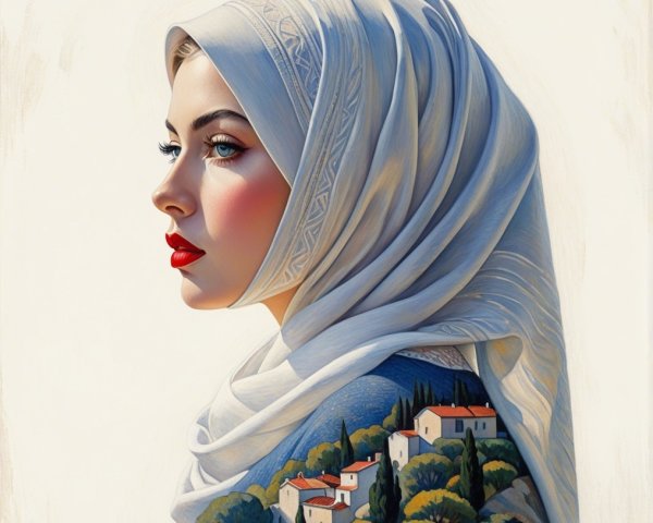 Profile of a Woman with Scarf in Scenic Landscape