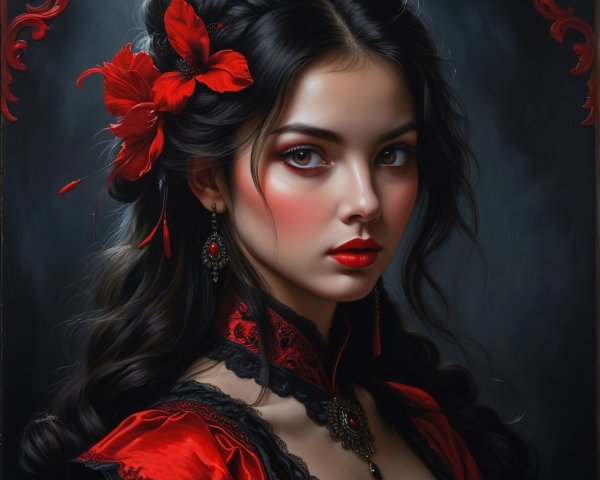 Young Woman in Gothic Attire with Floral Accents