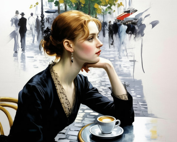 Serene Woman at Parisian Café with Coffee Cup