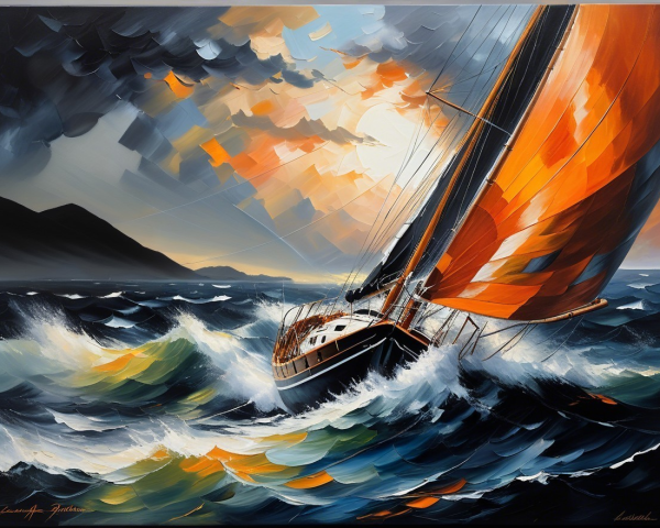 Vibrant Seascape with Sailing Boat and Turbulent Waves
