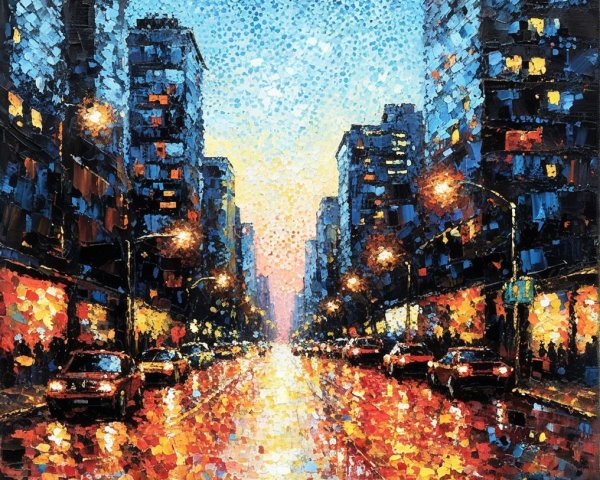 Vibrant Cityscape at Dusk with Reflective Buildings