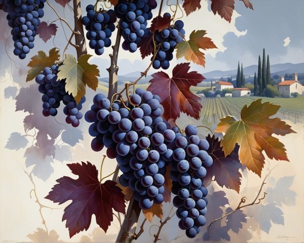 Vibrant Vineyard Scene with Ripe Grapes and Hills