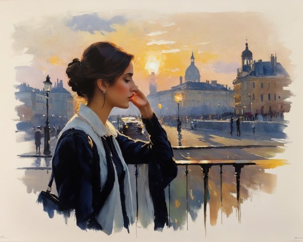 Contemplative Woman at City Railing During Sunset