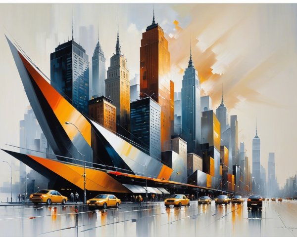 Futuristic Cityscape with Skyscrapers and Taxis