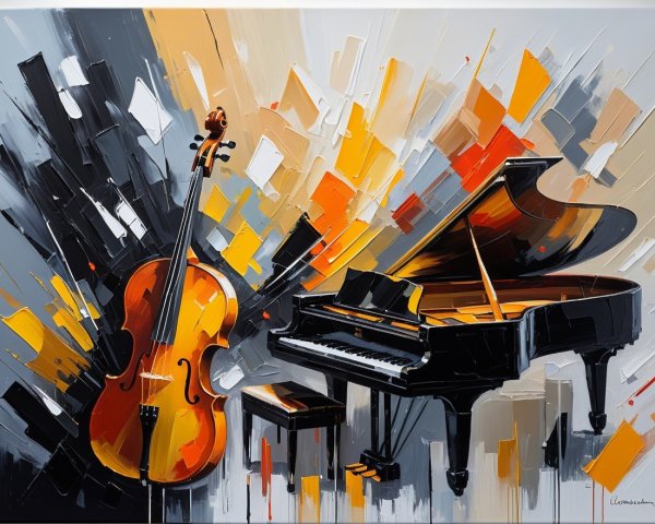 Vibrant Painting of Piano and Violin in Bold Colors
