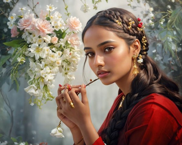 Young Woman Surrounded by Blooming Flowers and Serenity
