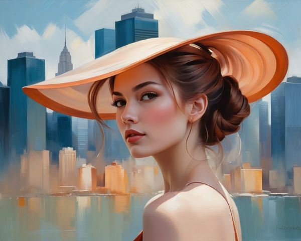 Young Woman in Hat Against Urban Skyline Background