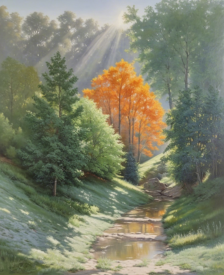 Serene Landscape with Stream and Vibrant Green Hills