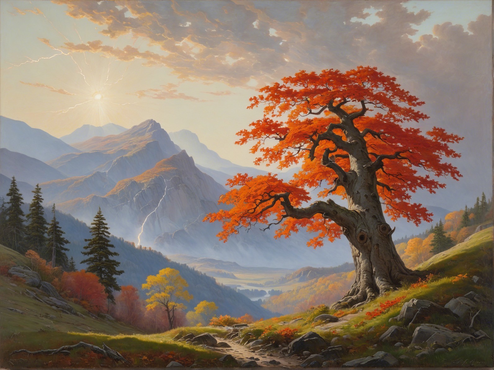 Vibrant Landscape with Orange Tree and Mountains
