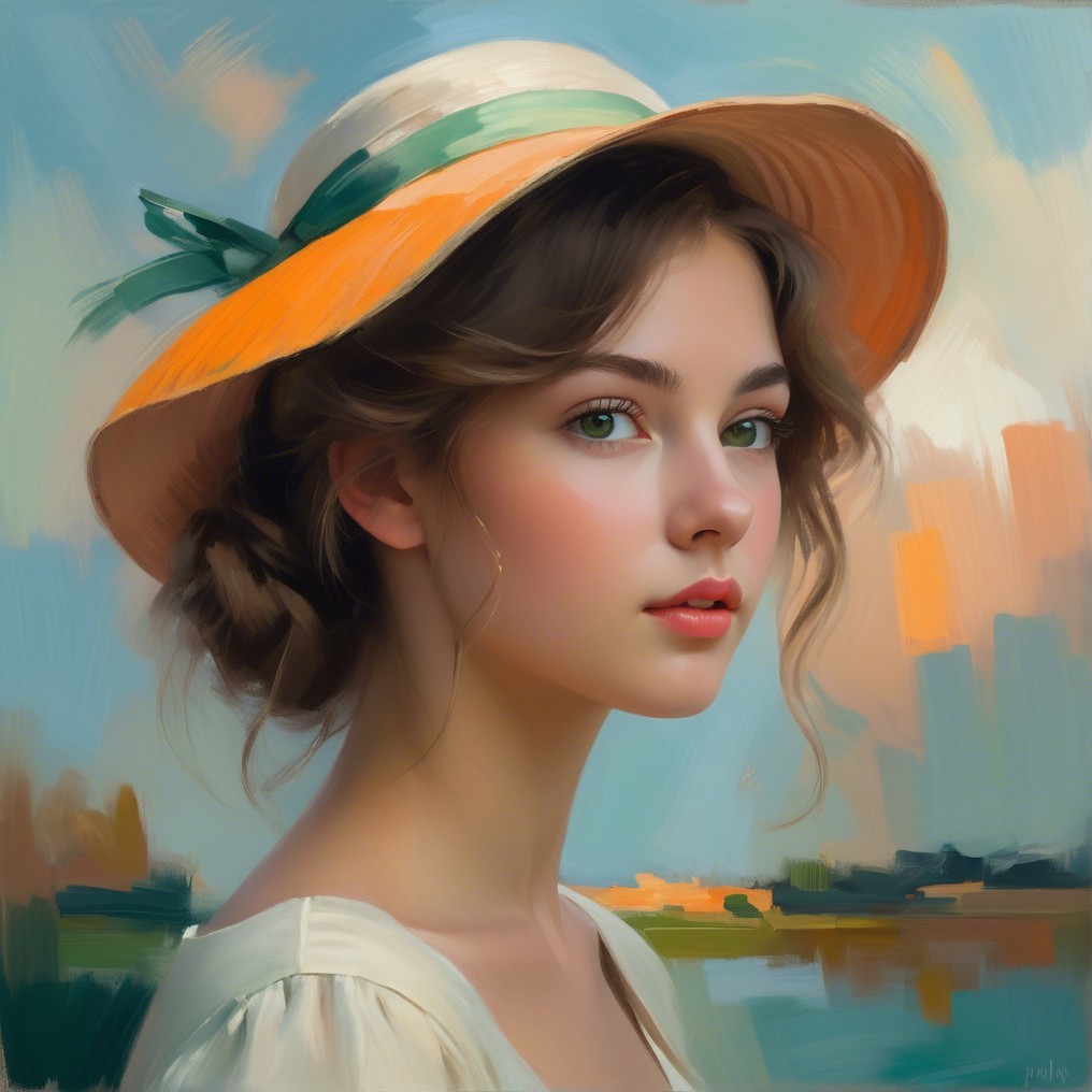 Young Woman in Straw Hat with Impressionistic Landscape