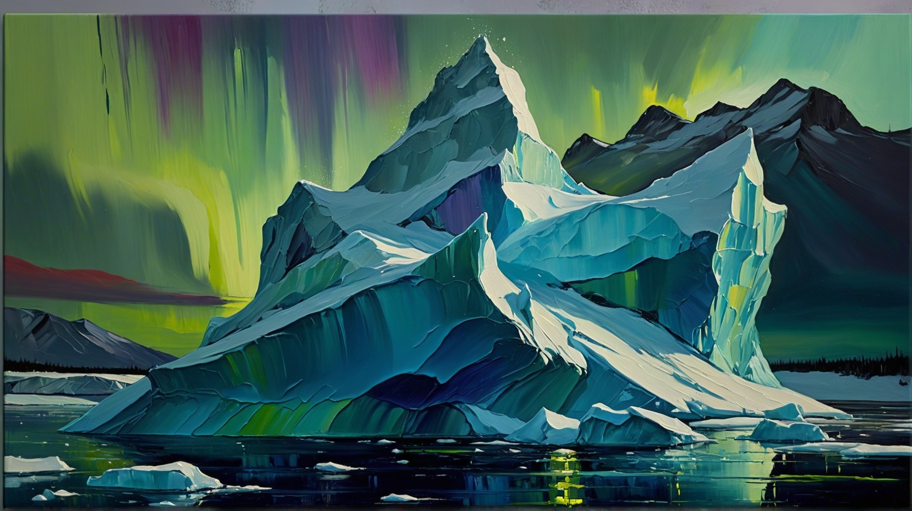 Icy Mountain and Ocean Under Aurora Borealis