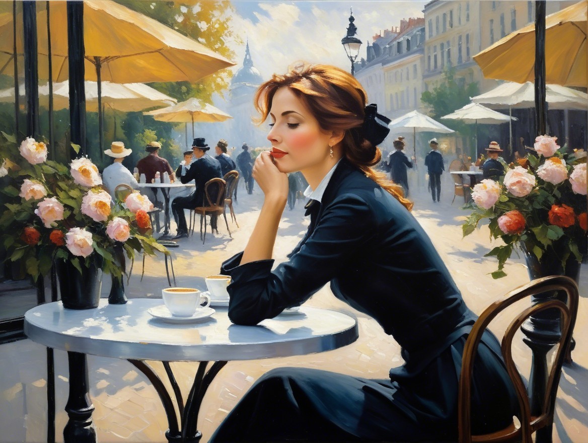 Serene outdoor café scene with vibrant roses and patrons