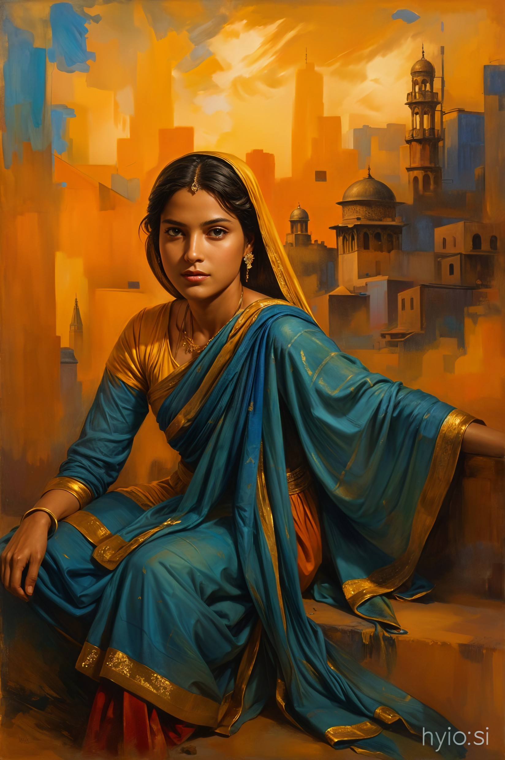 Young Woman in Traditional Outfit Against Cityscape