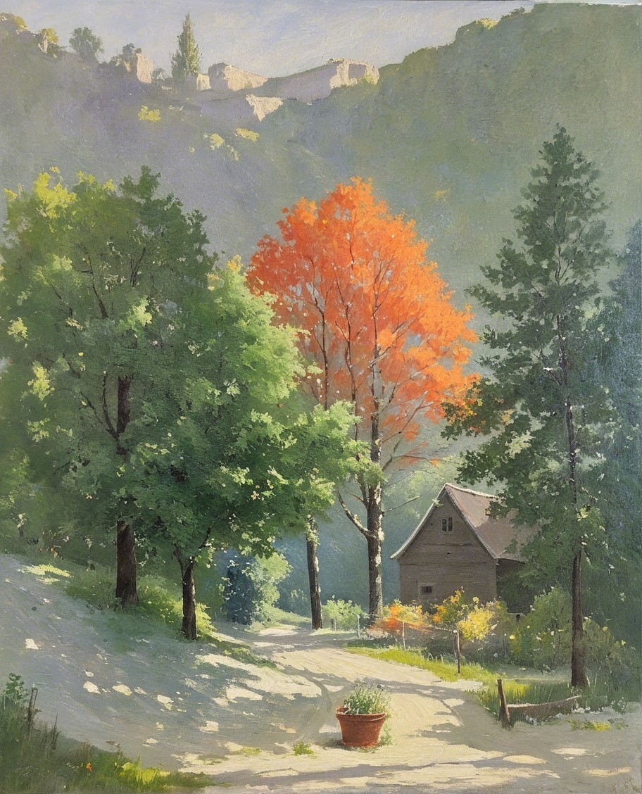 Serene Landscape with Cottage and Vibrant Trees