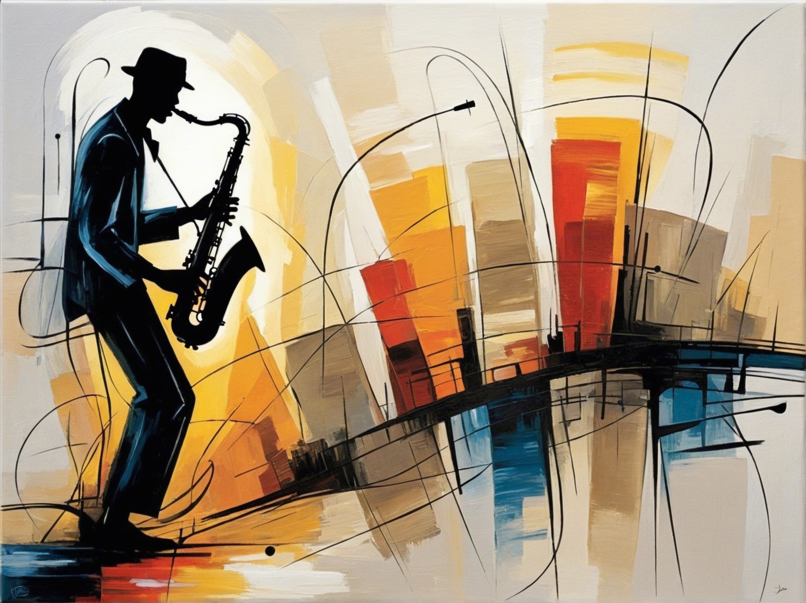 Abstract Artwork of Silhouetted Saxophonist in Colorful Scene