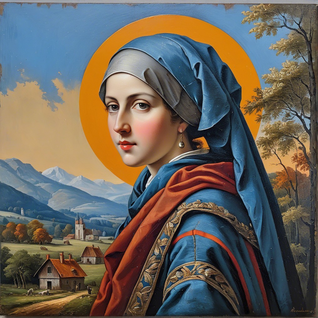 Young Woman in Blue and Red Garments with Halo