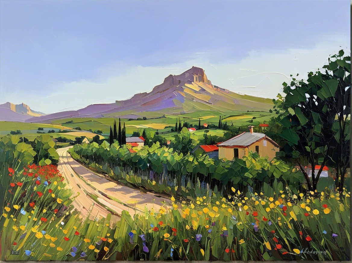 Vibrant Landscape with Rolling Hills and Mountain View