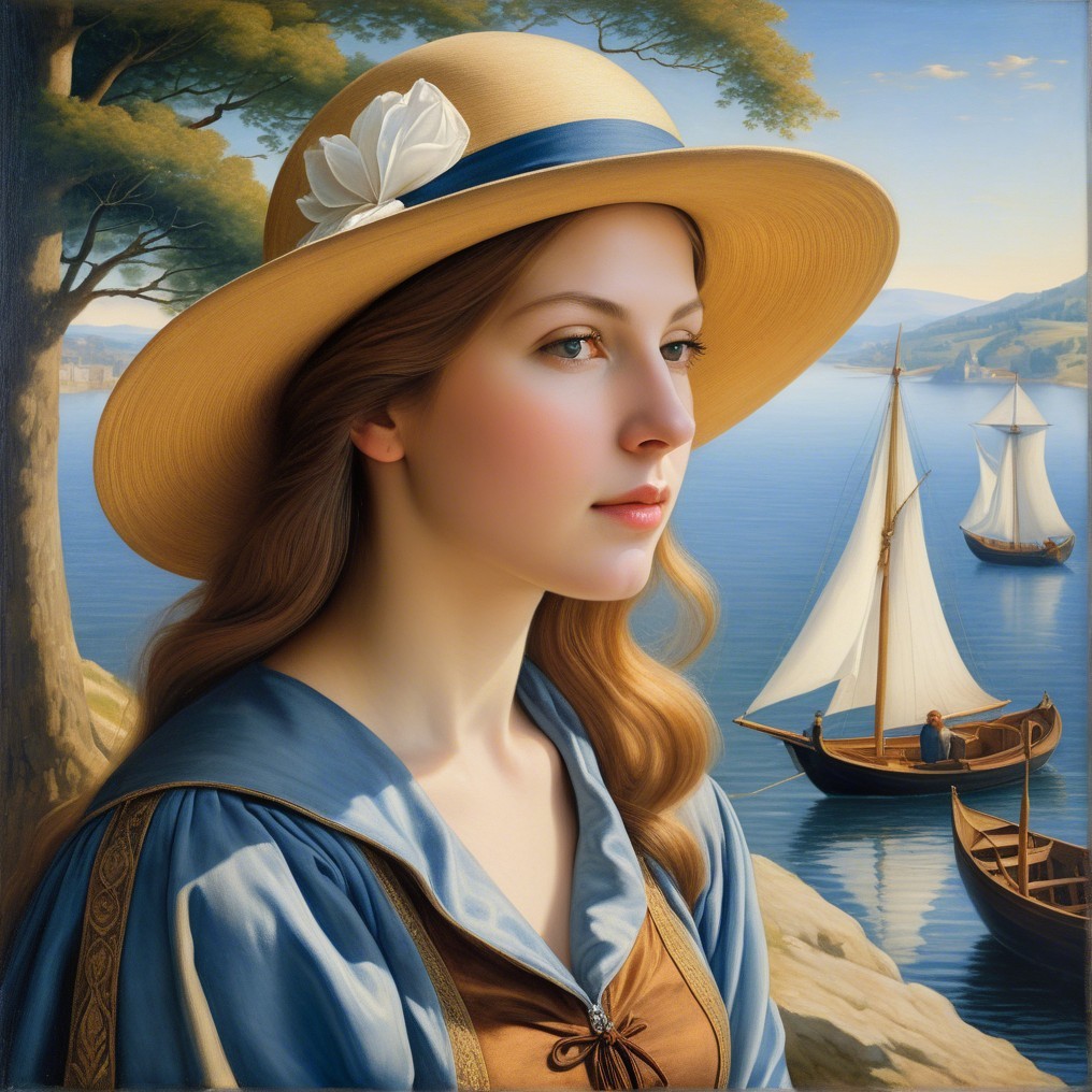 Young Woman by Calm Lake in Light Blue Dress