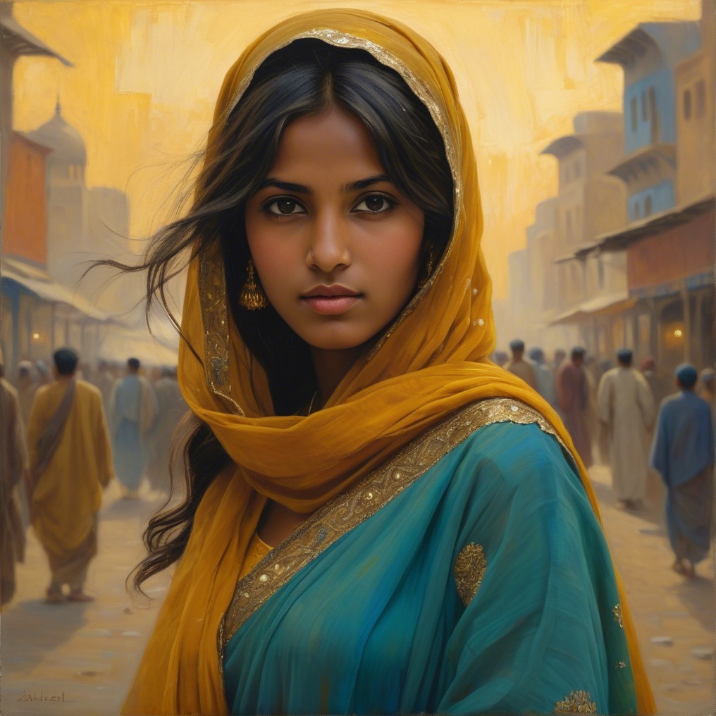 Young Woman in Turquoise Outfit at Marketplace