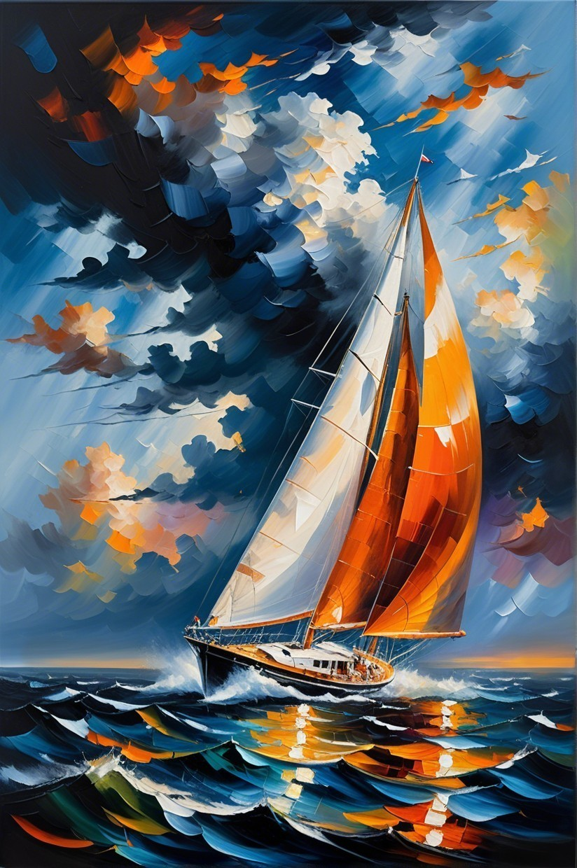 Vibrant Sailboat Painting with Dynamic Waves and Sky