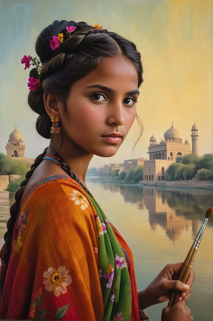 Young girl in floral sari by historic river scene