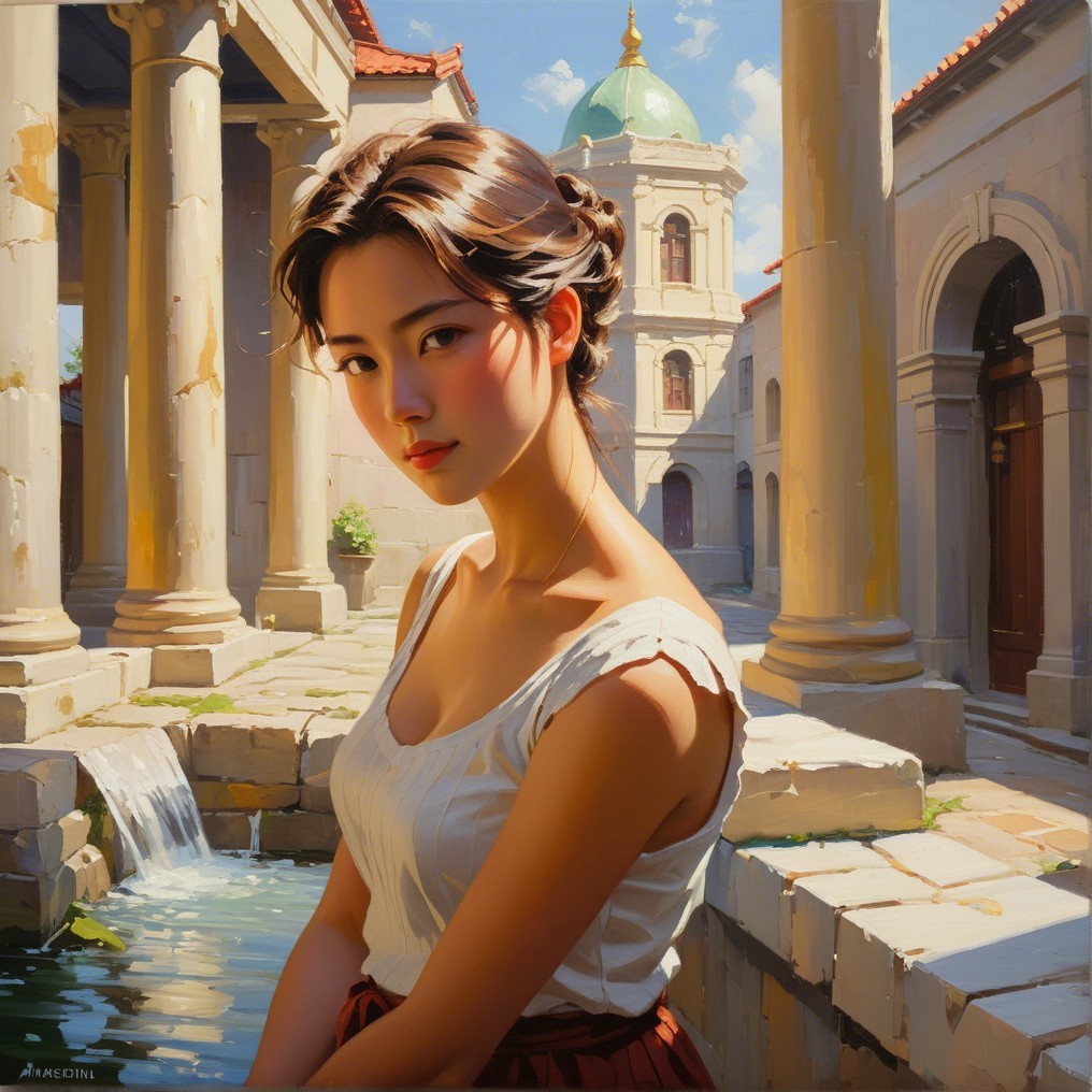 Young Woman in Courtyard with Classical Architecture