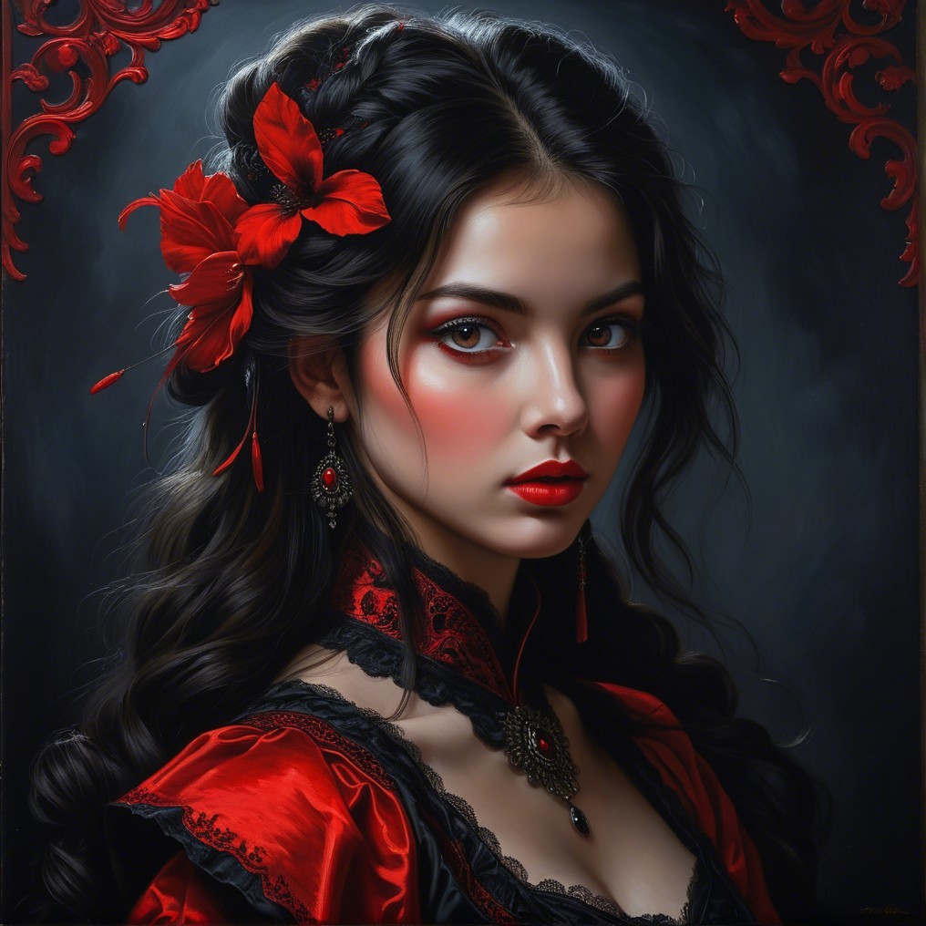 Young Woman in Gothic Attire with Floral Accents