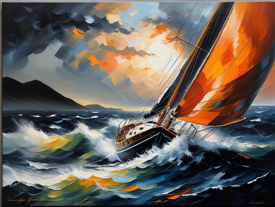 Vibrant Seascape with Sailing Boat and Turbulent Waves