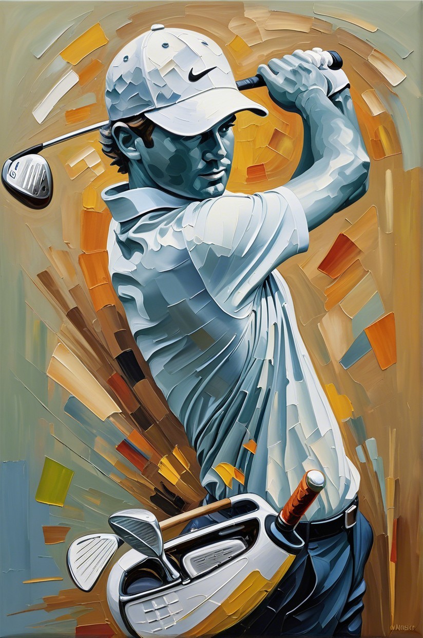 Stylized Golfer Mid-Swing with Abstract Background