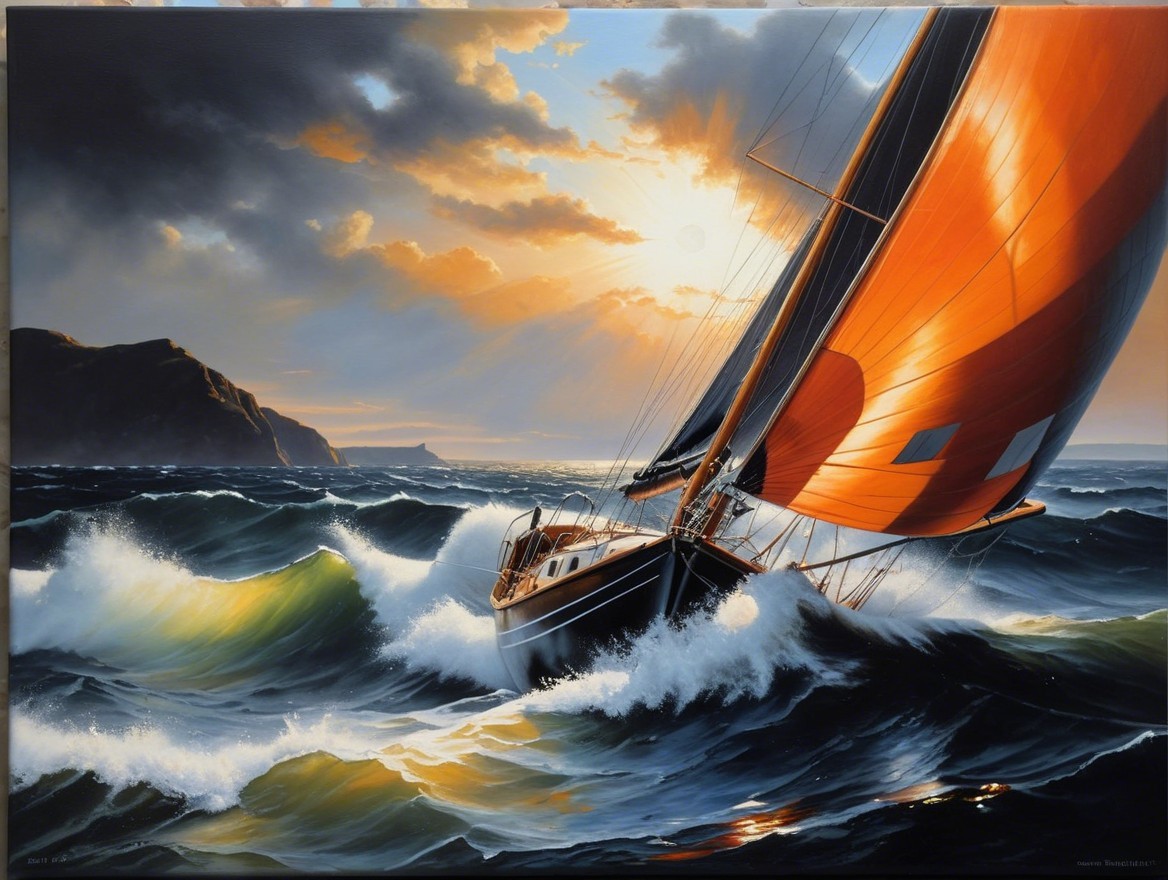 Vibrant Sailing Scene with Turbulent Ocean Waves