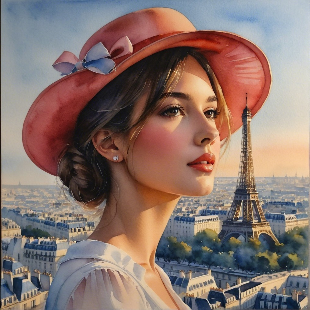 Young Woman with Pink Hat and Eiffel Tower Background