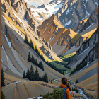 Lone Hiker Overlooks Majestic Canyon and Mountains