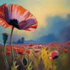 Abstract Painting with Stylized Flowers and Geometric Shapes