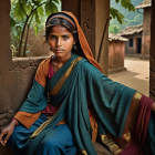 Young Woman in Traditional Saree in Rustic Setting