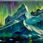 Icy Mountain and Ocean Under Aurora Borealis