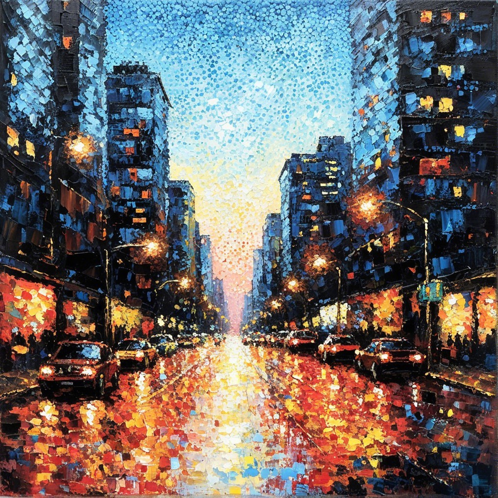 Vibrant Cityscape at Dusk with Reflective Buildings