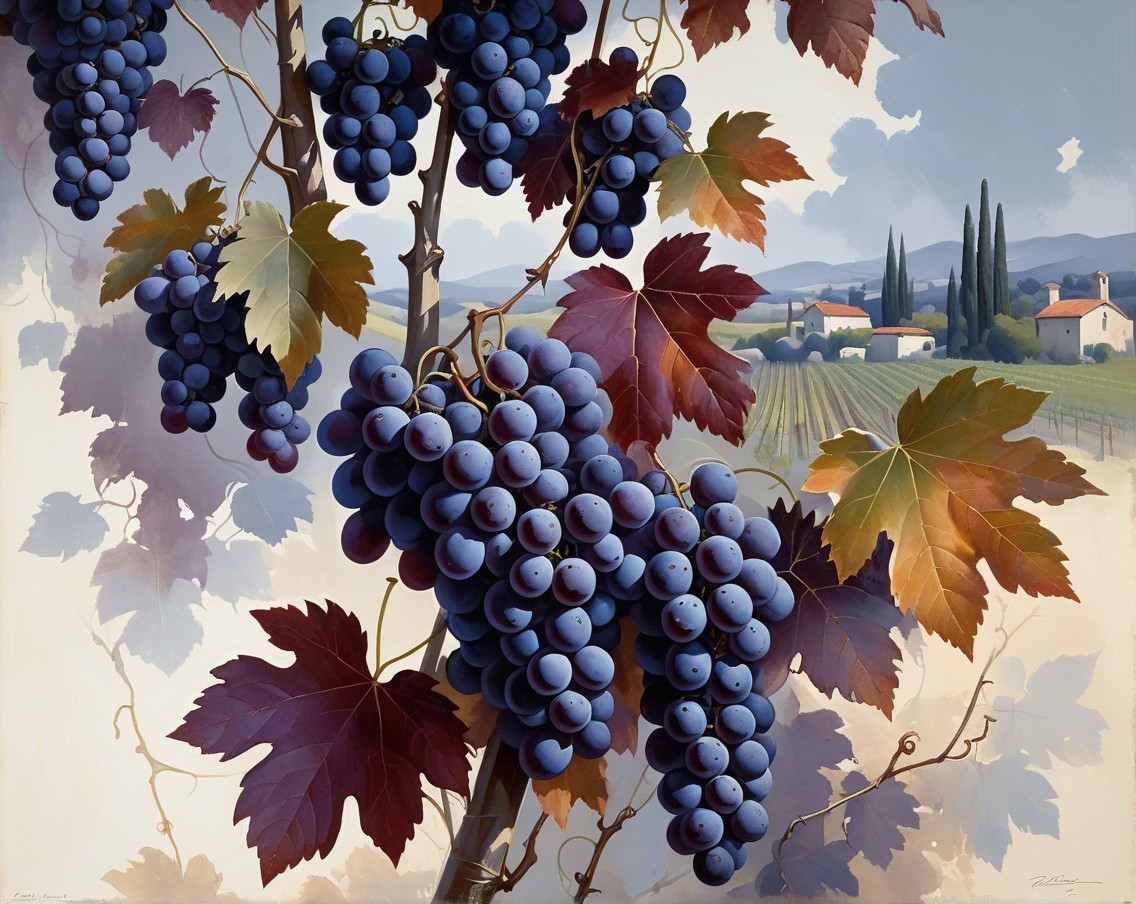 Vibrant Vineyard Scene with Ripe Grapes and Hills