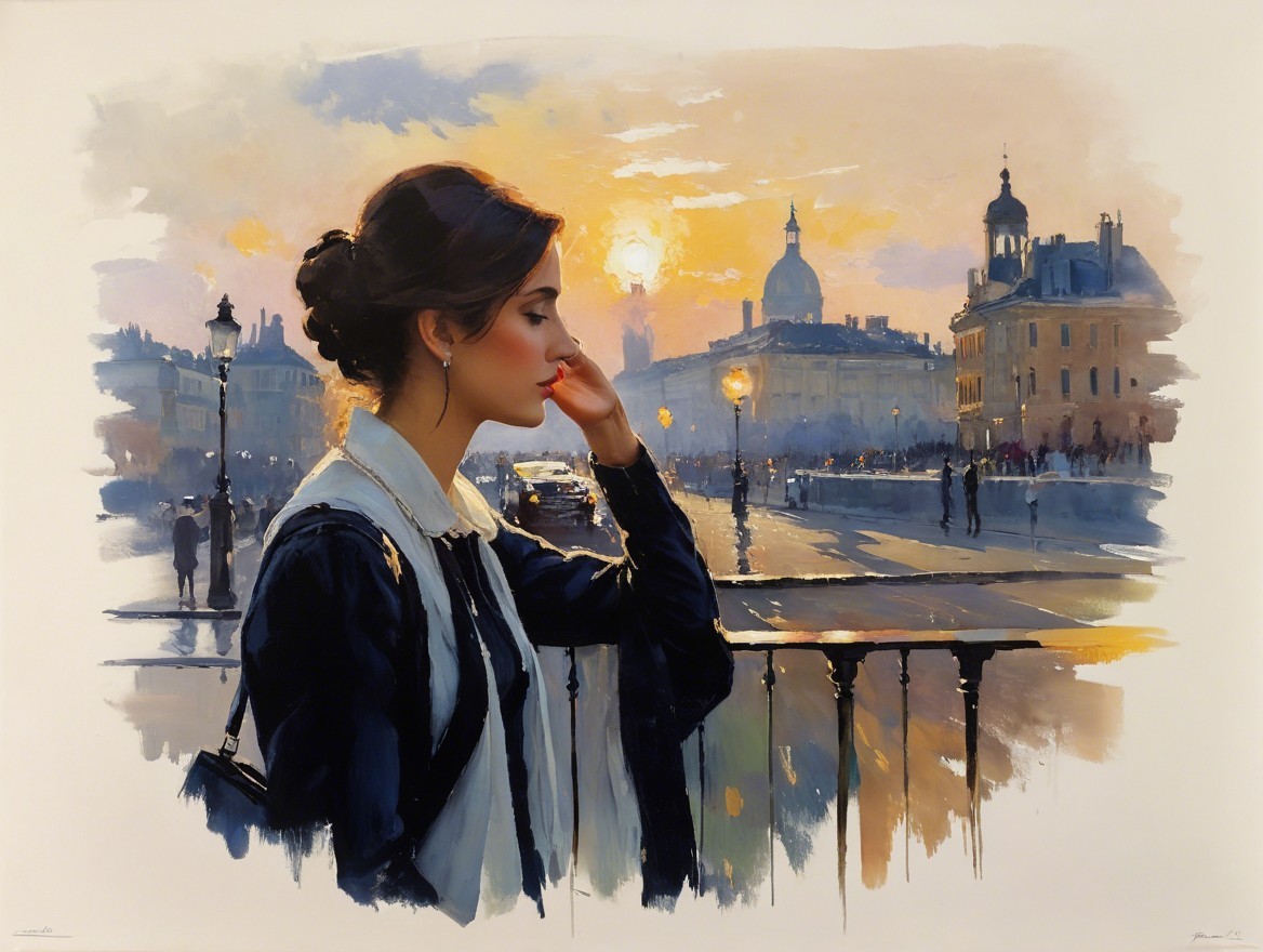 Contemplative Woman at City Railing During Sunset
