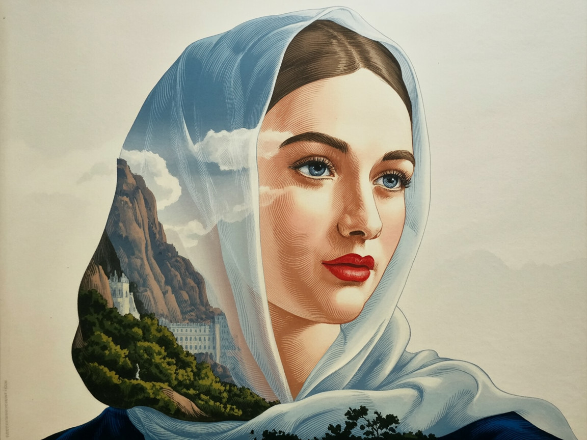 Young Woman with Scarf Against Mountain Landscape