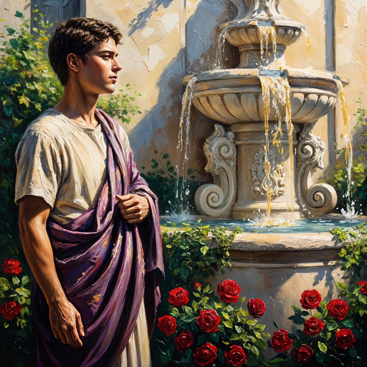 Young man in purple garment by ornate garden fountain