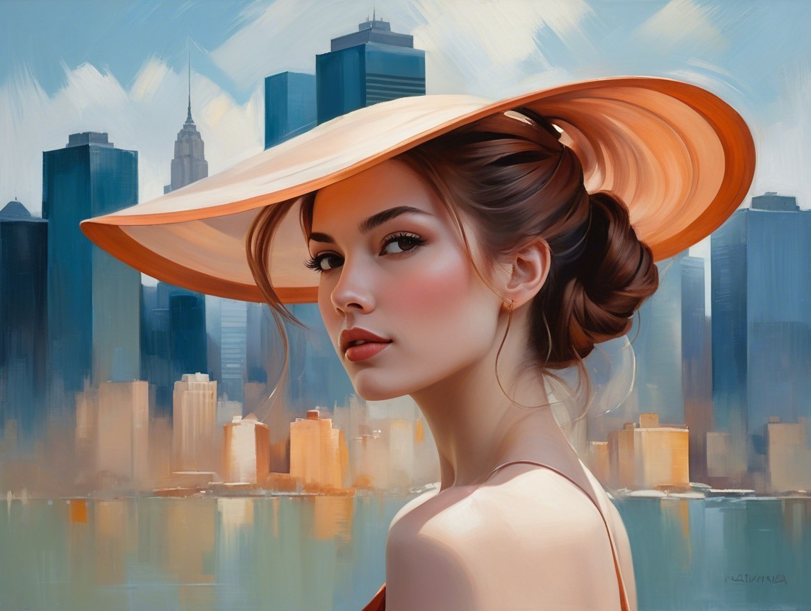 Young Woman in Hat Against Urban Skyline Background