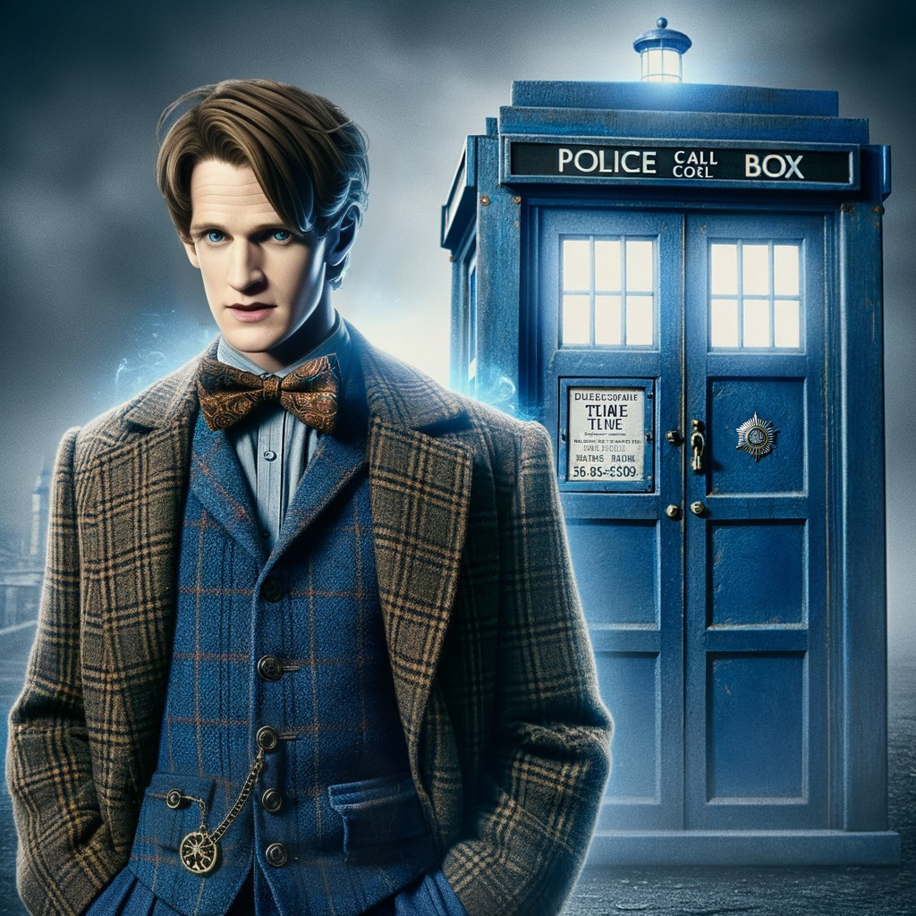 Young man in vintage outfit by classic blue police box