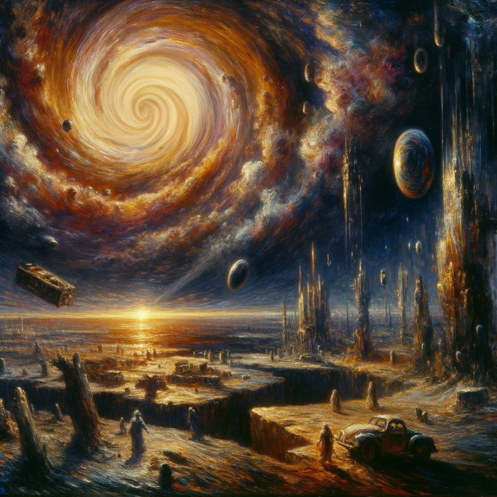 Vibrant Spiral Galaxy with Surreal Landscape and Car