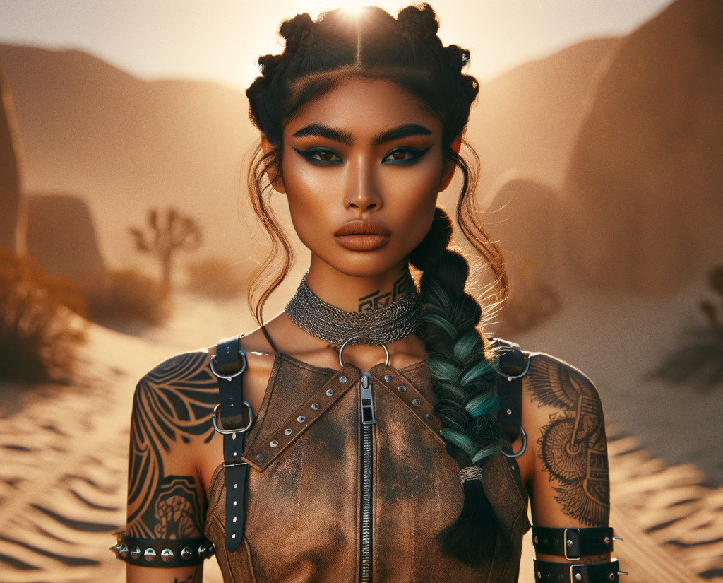 Individual in Desert with Modern and Tribal Aesthetics