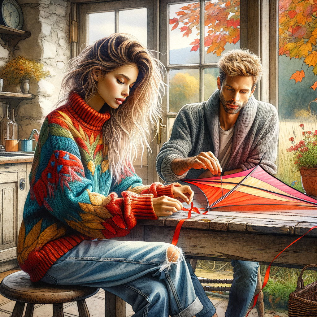 Cozy Couple in Rustic Kitchen with Autumn View