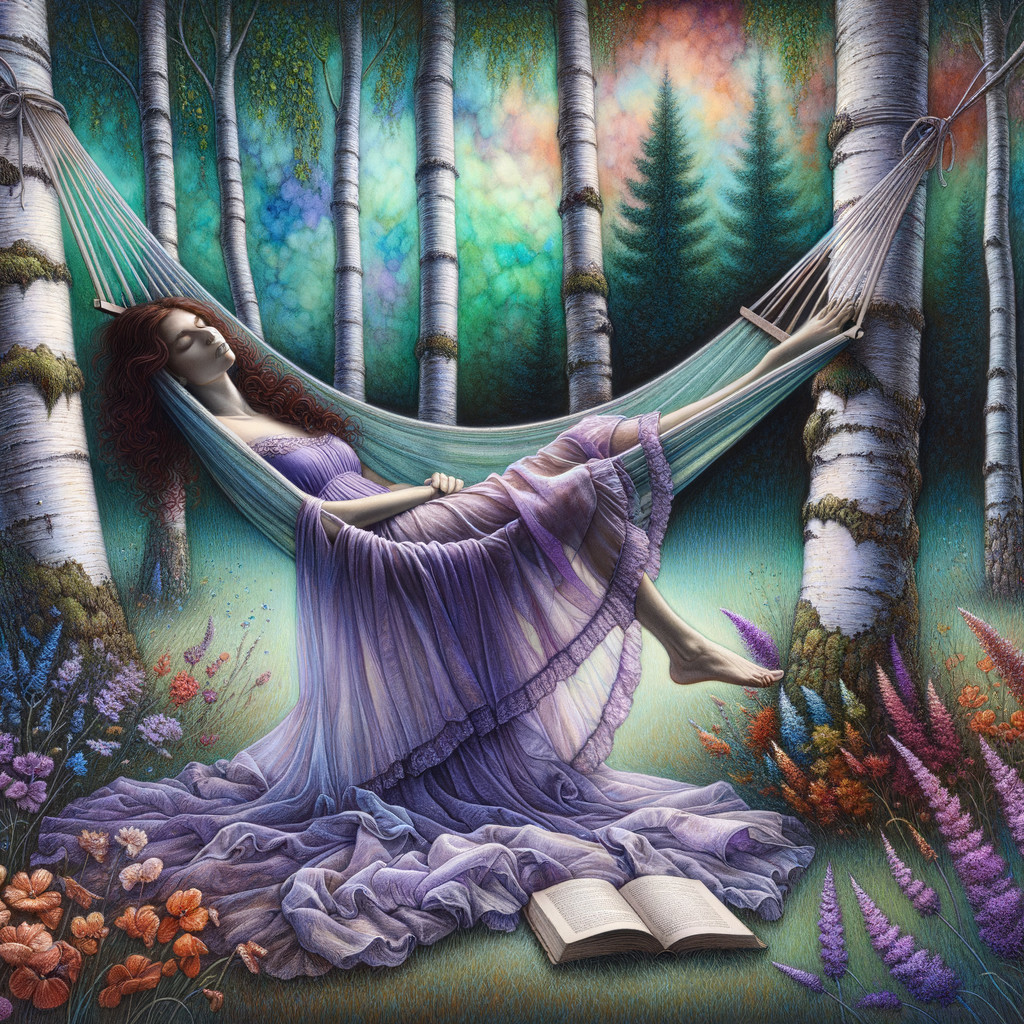 Young Woman in Purple Dress Relaxing in Forest Hammock